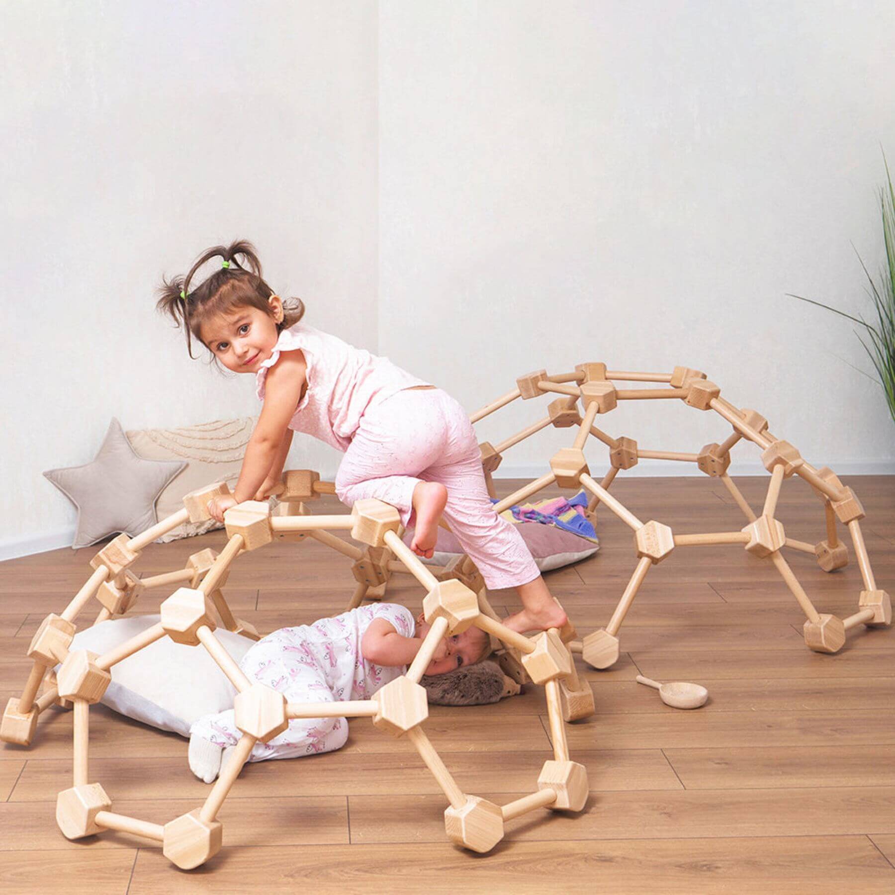Kids Playing Wood and Hearts Wooden Climbing Domes