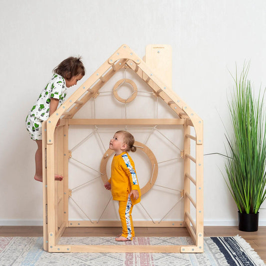 Kids Playing Wood and Hearts Wooden Climbing Playhouse Natural