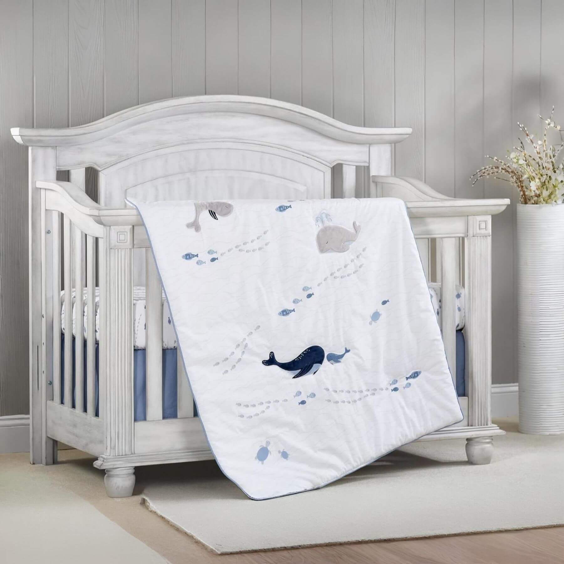 Whale of a Time 3-pc Baby Crib Nursery Bedding Set in a nursery setting