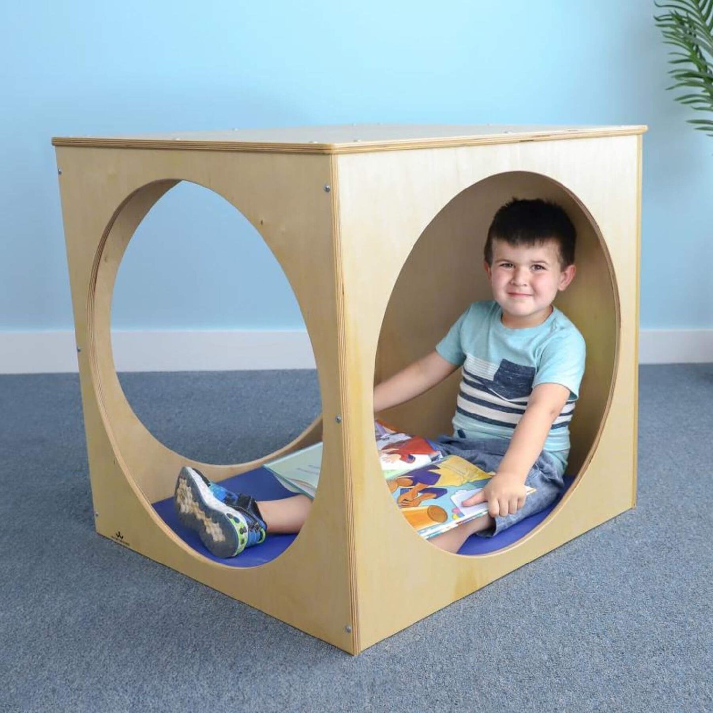 Boy Reading in Whitney Brothers Play House Cube With Floor Mat Set