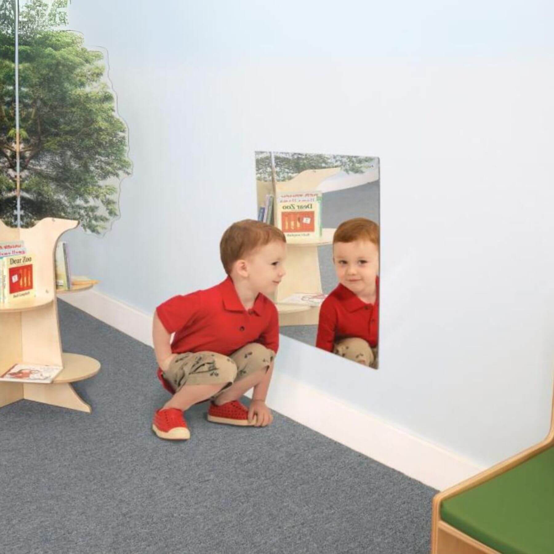 Boy Looking into Whitney Brothers Square Mirror