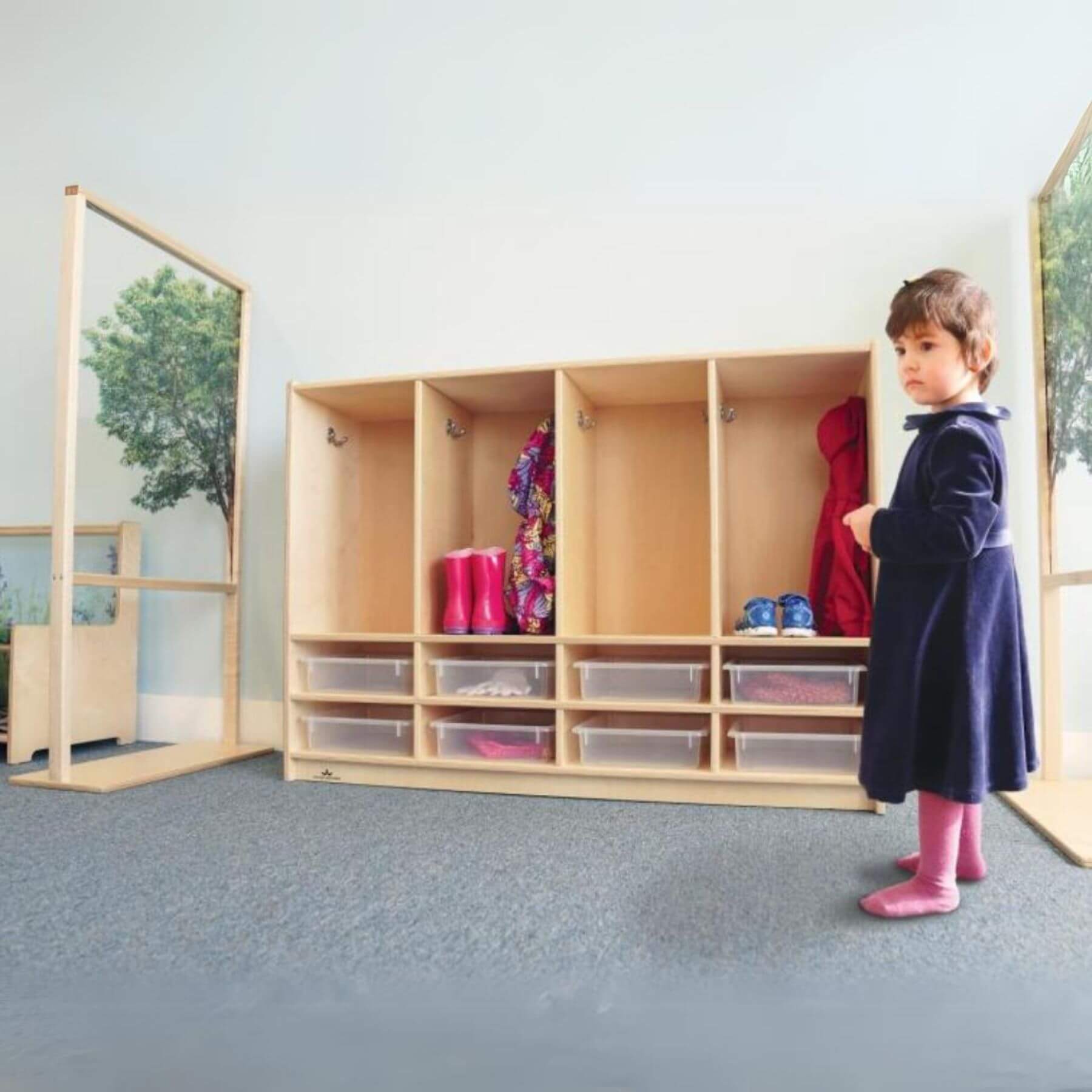 Girl Standing Next To Whitney Brothers Toddler 8 Section Coat Locker With Trays