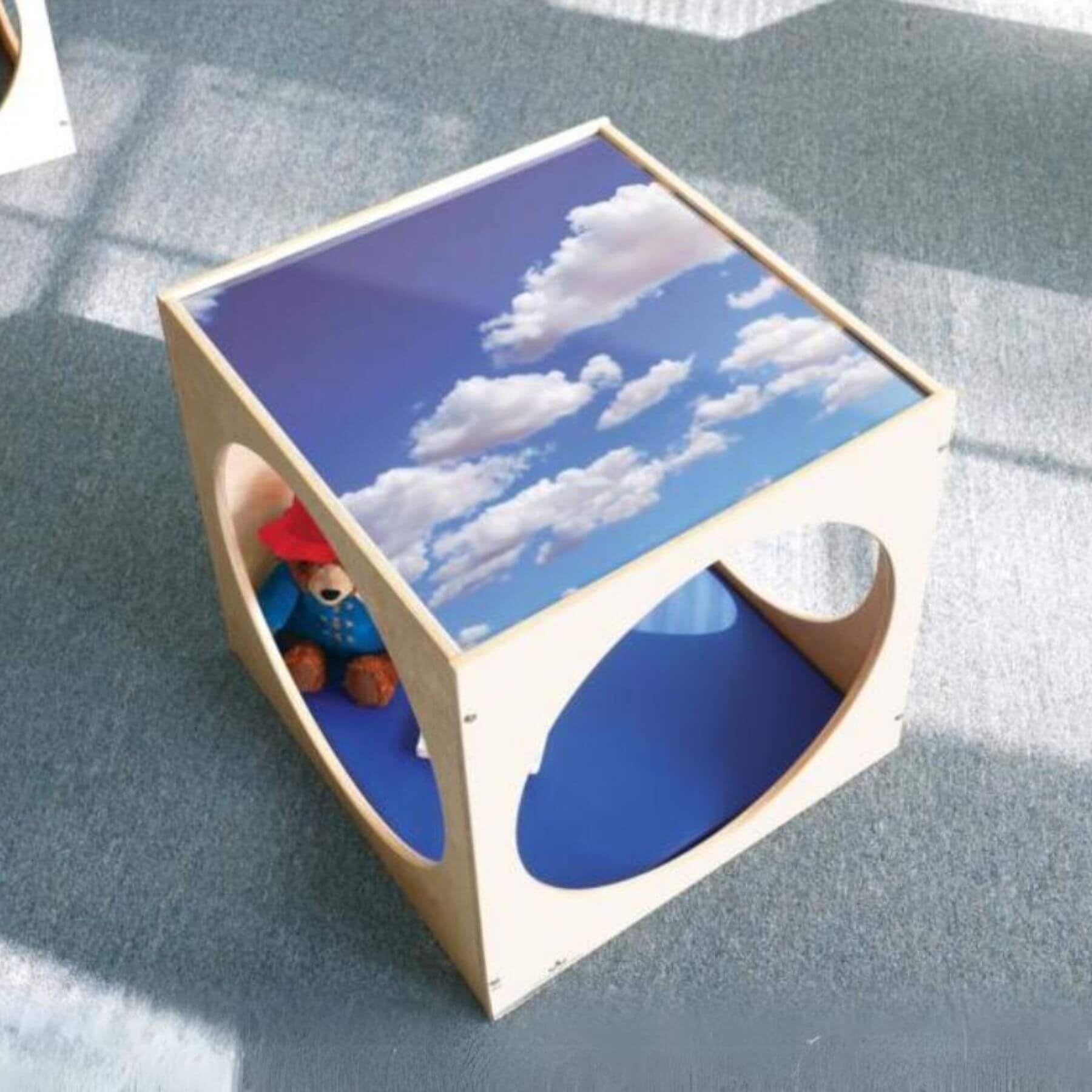 Top View of Whitney Brothers Toddler Acrylic Sky Top Play Cube With Mat