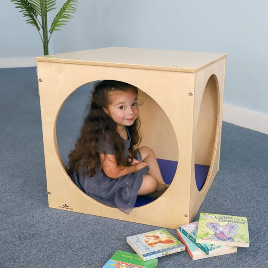 Girl Sitting inside of Whitney Brothers Toddler Play House Cube With Floor Mat Set