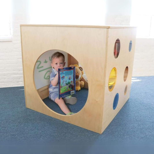 Boy Reading inside of Whitney Brothers Whitney Plus Porthole Play House Cube