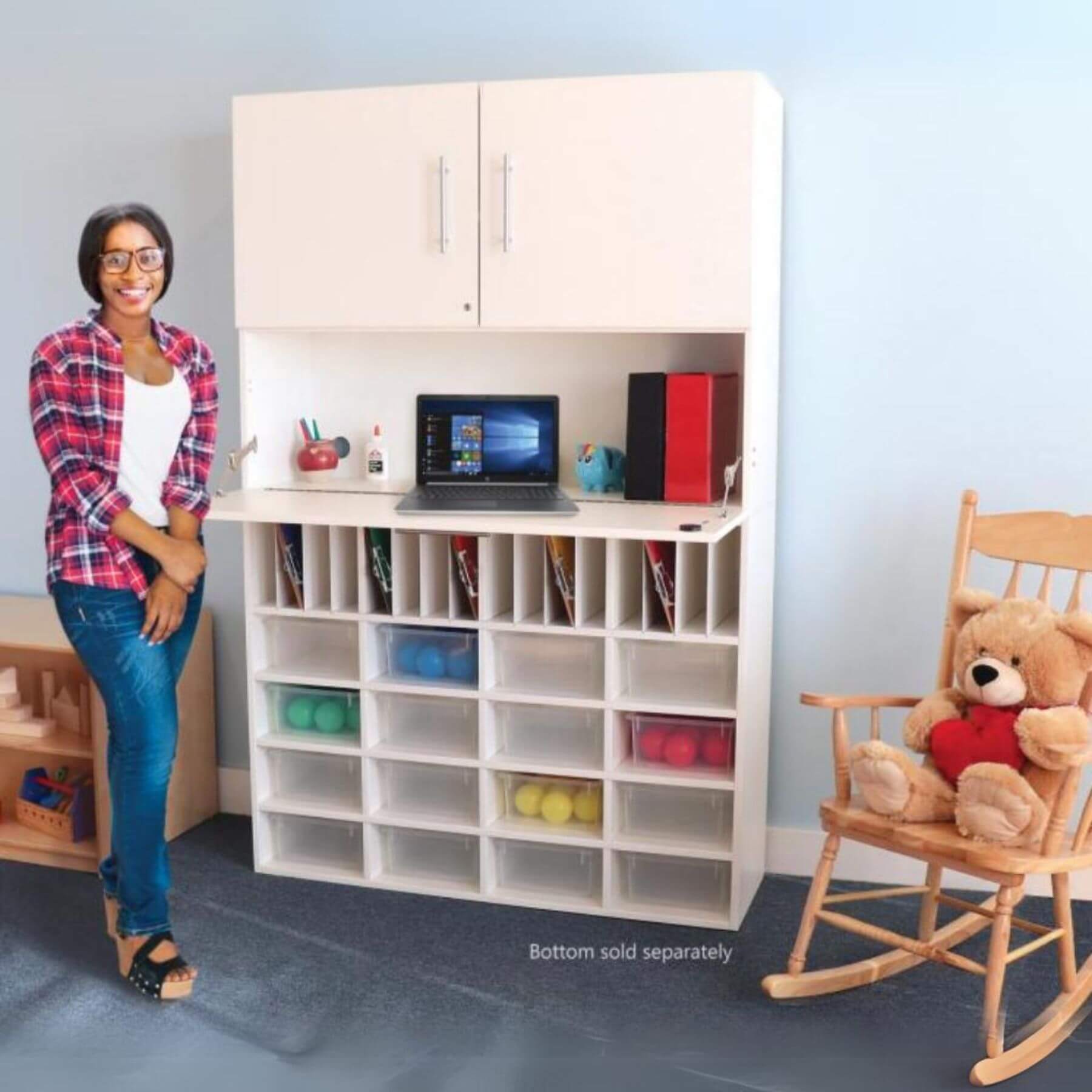 Woman Standing In Front of Whitney Brothers Whitney White Workstation Cabinet