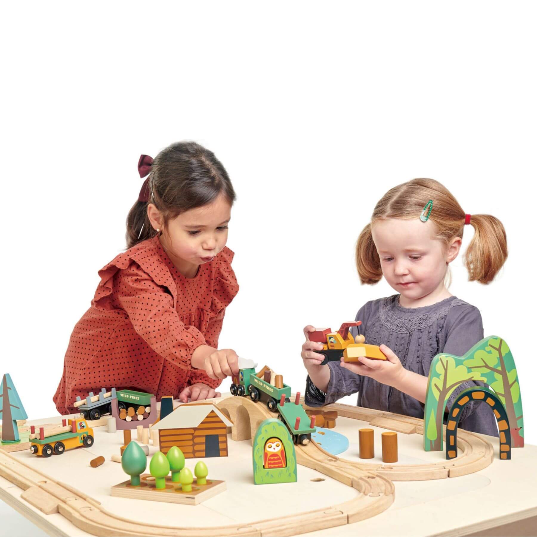 Two children playing with Tender Leaf Wild Pines Train Set