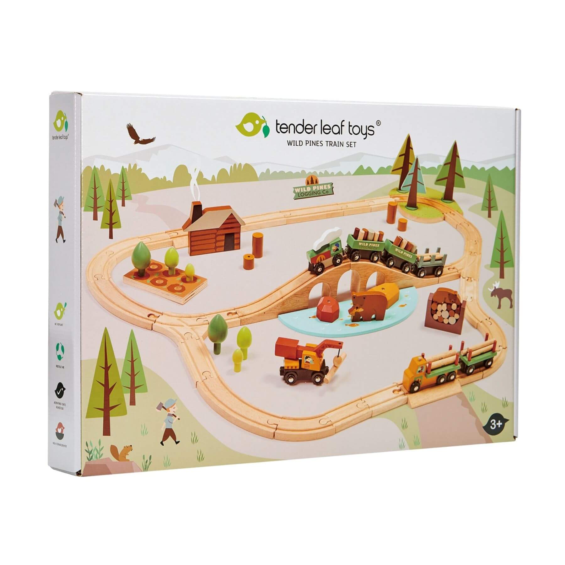 Tender Leaf Toys Wild Pine Train Set packaging with train tracks and wooden elements