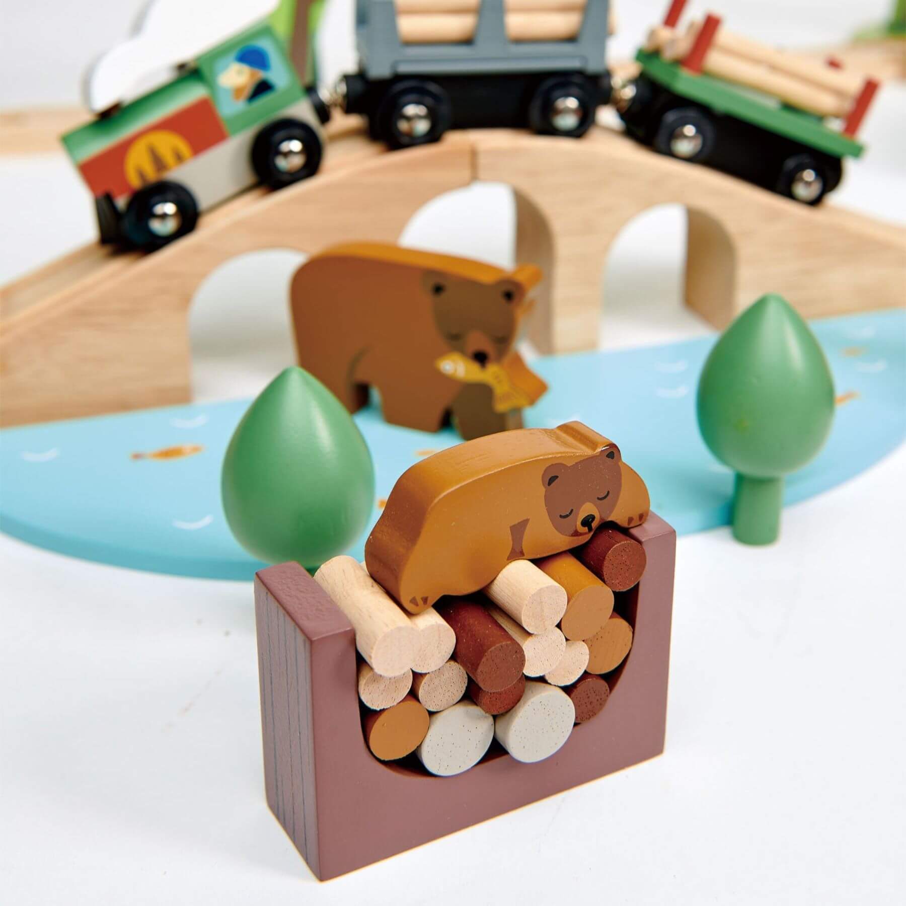 Wooden toy set with bears, trees, and a train on a track