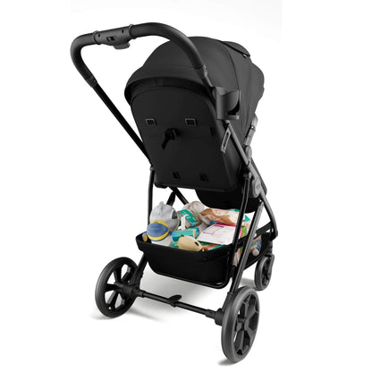 A black stroller shown from a three-quarter rear angle on a clean white background. The stroller basket is filled with baby items, and the stroller frame and wheels are black.