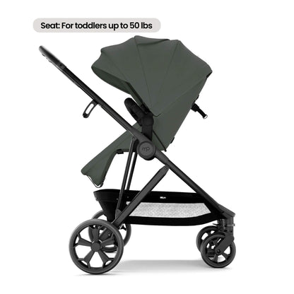 Side view of Mompush Wiz Pro - Forest, shown on a white background with a text overlay at the top reading 'Seat: For toddlers up to 50 lbs'.