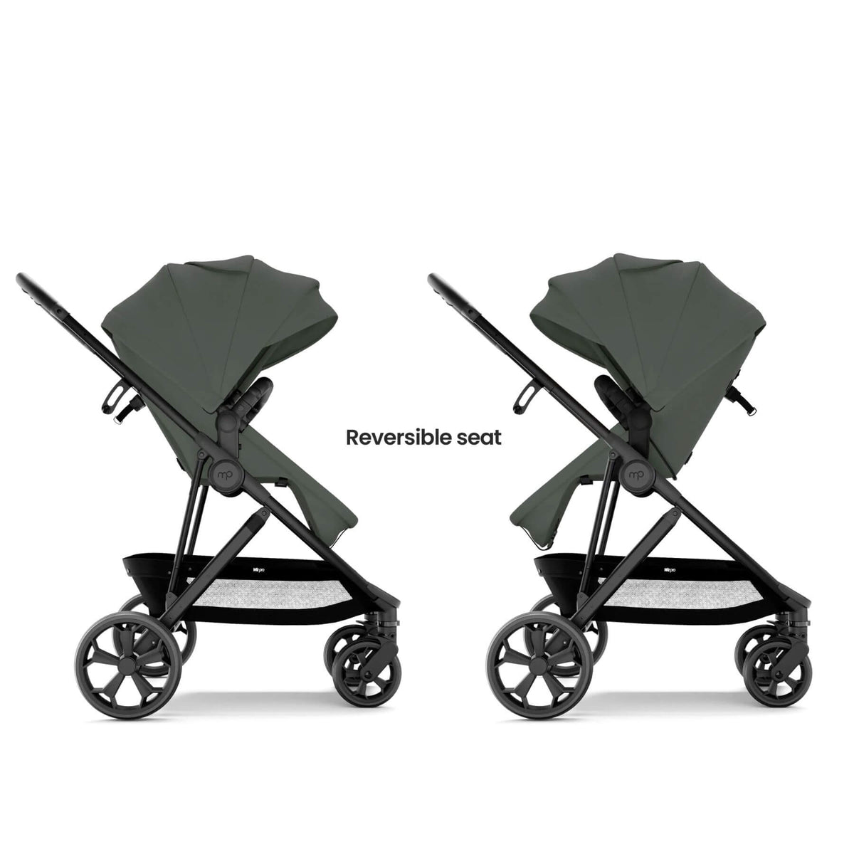 Mompush Wiz Pro - Forest shown twice side by side on a light gray background to demonstrate the reversible seat feature. The stroller has an olive green canopy and seat liner with a black frame and wheels.