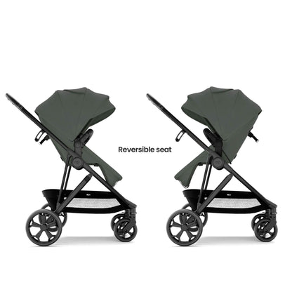 Mompush Wiz Pro - Forest shown twice side by side on a light gray background to demonstrate the reversible seat feature. The stroller has an olive green canopy and seat liner with a black frame and wheels.
