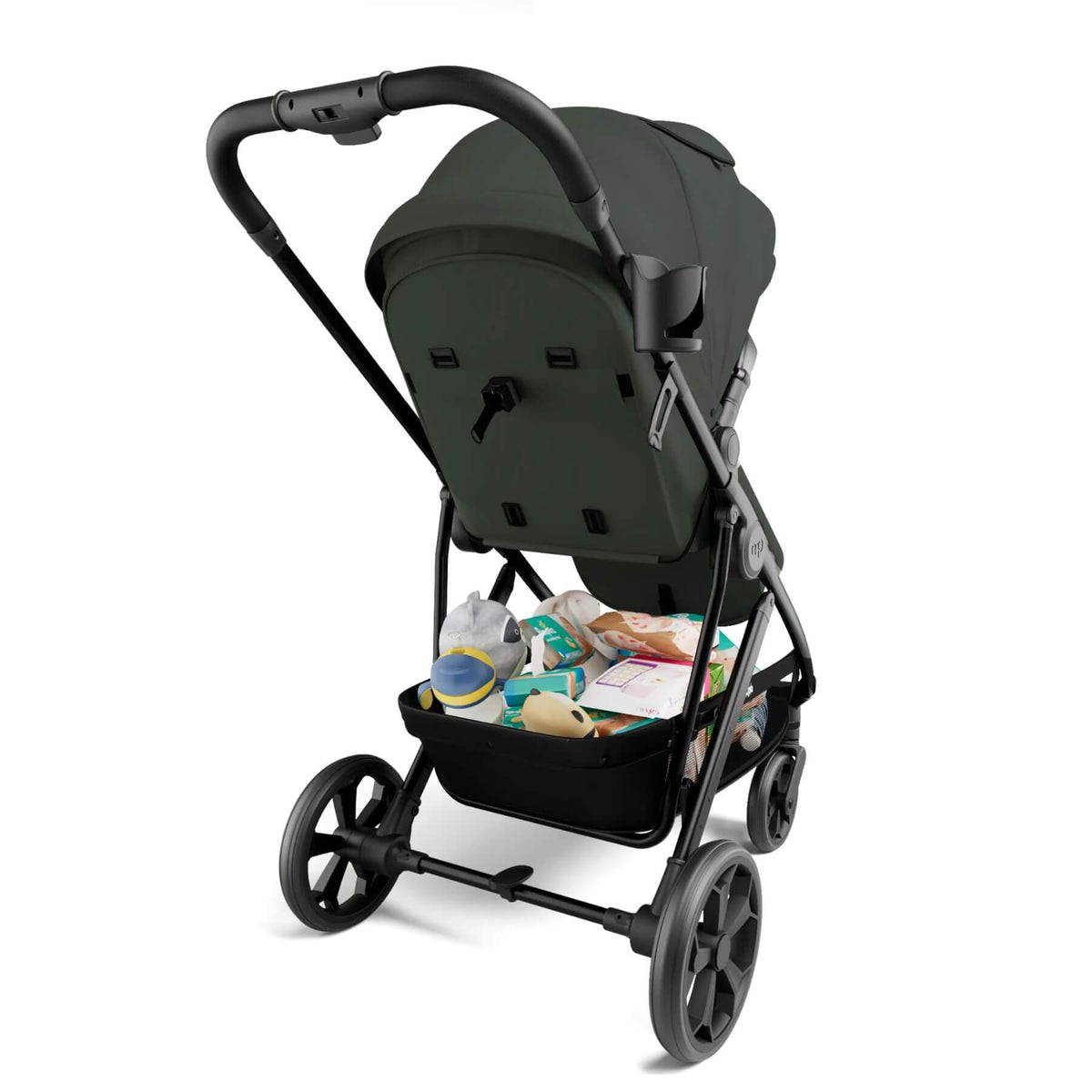 Mompush Wiz Pro - Forest with baby items in underseat basket