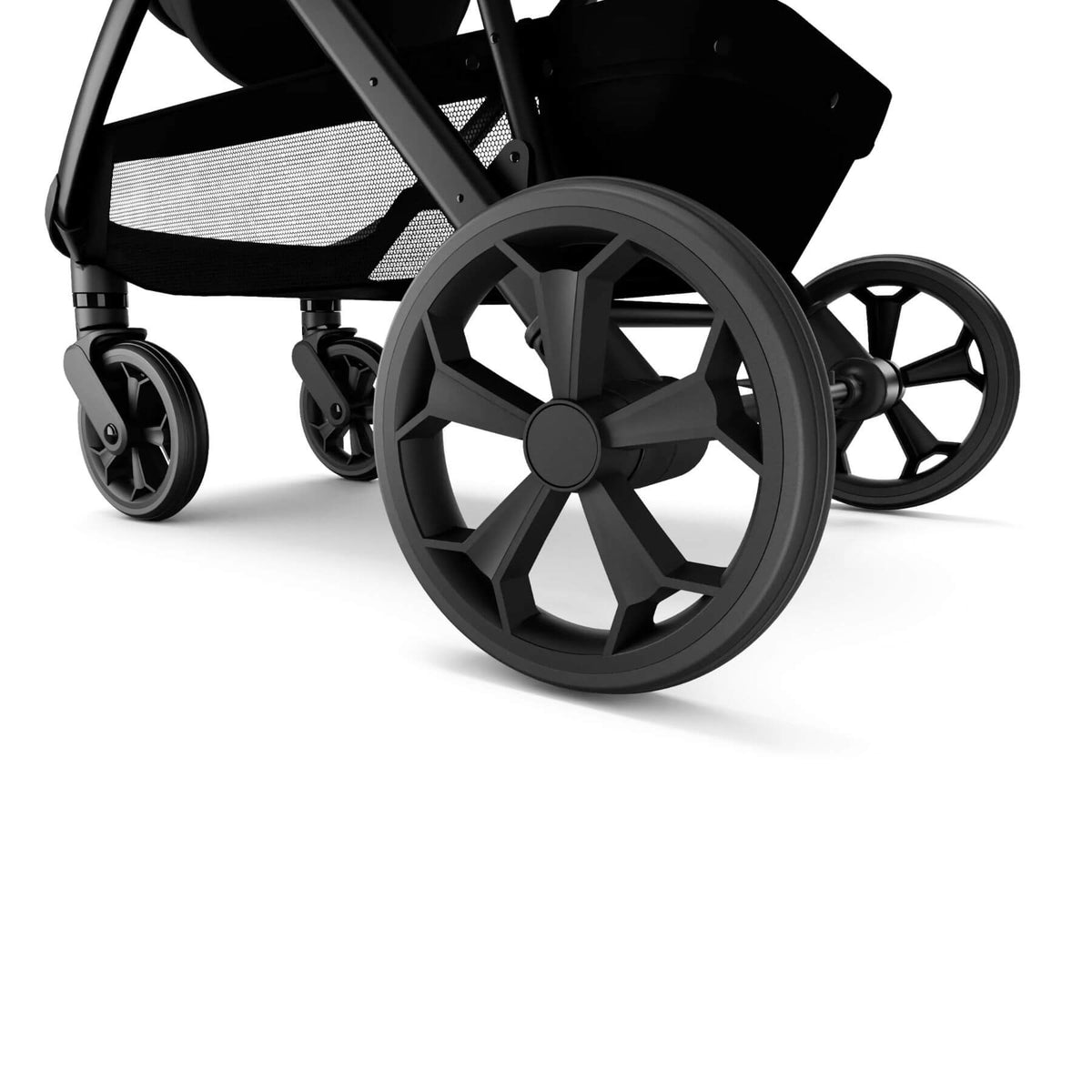 Close-up of a black stroller with large multi-spoke wheels and a mesh storage basket, shown on a clean white background.