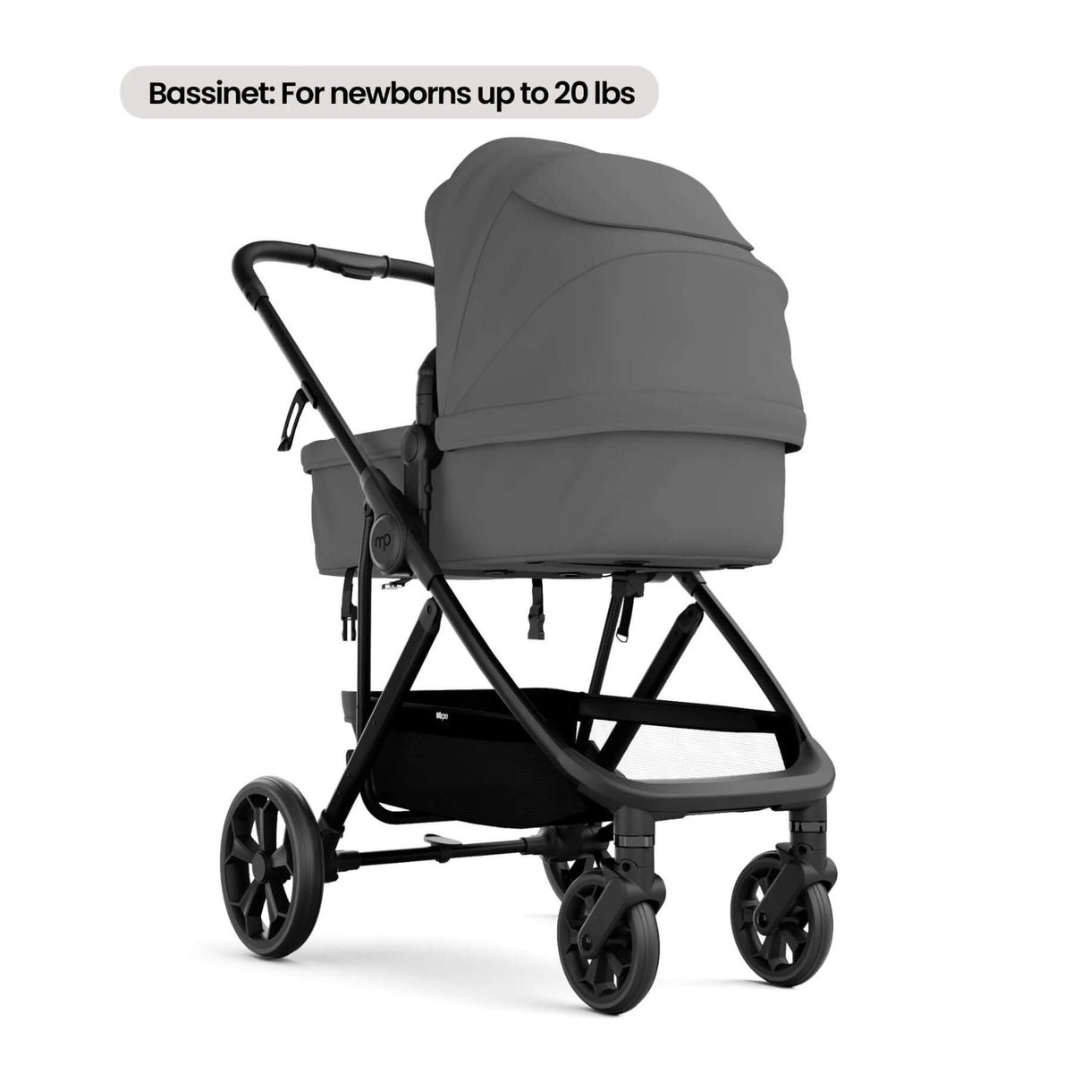 A stroller bassinet attachment in dark gray fabric mounted on a black stroller frame, shown on a white background with a text label at the top reading 'Bassinet: For newborns up to 20 lbs'.