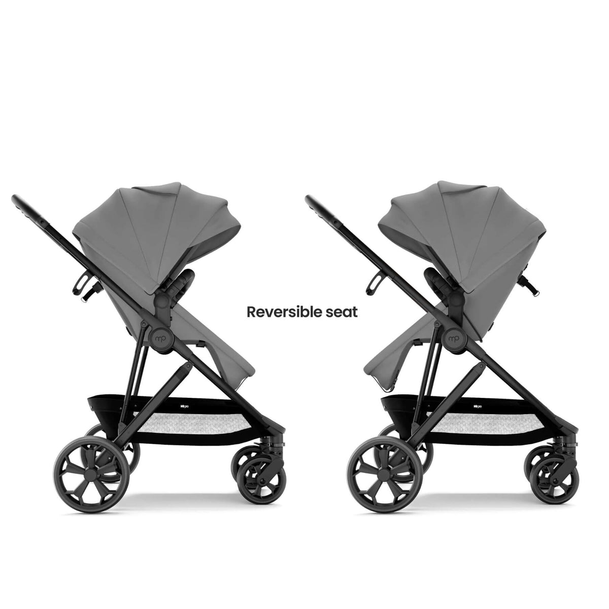A stroller shown from the side in two configurations labeled 'Reversible seat,' demonstrating the seat flip. The stroller has a dark gray fabric canopy and seat liner with a black frame and wheels, set against a plain white background.