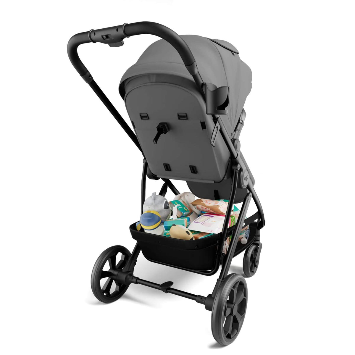 A gray and black baby stroller with a storage basket filled with baby items, shown on a clean white background.
