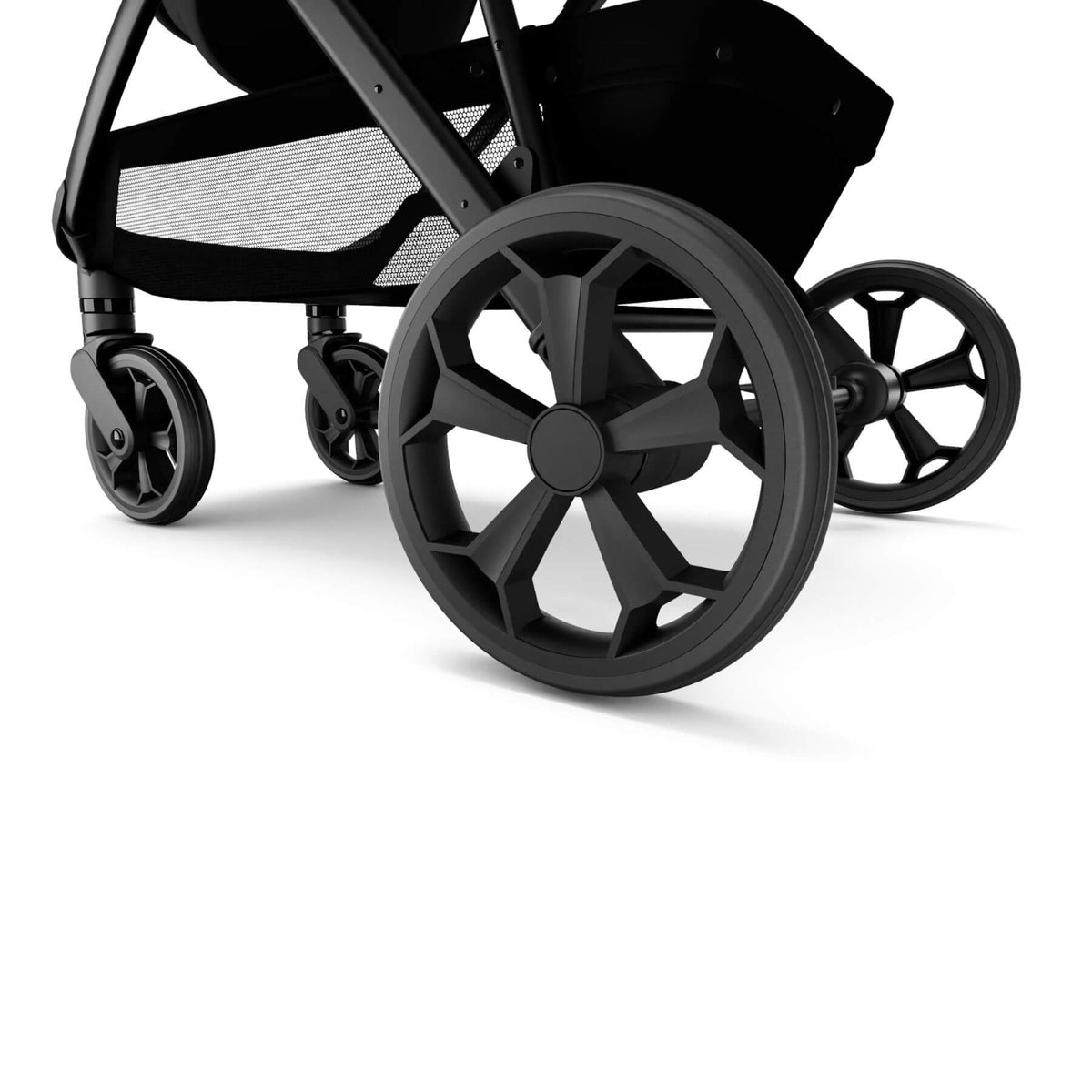 Close-up of a black stroller with large multi-spoke wheels and a mesh storage basket, shown on a clean white background.