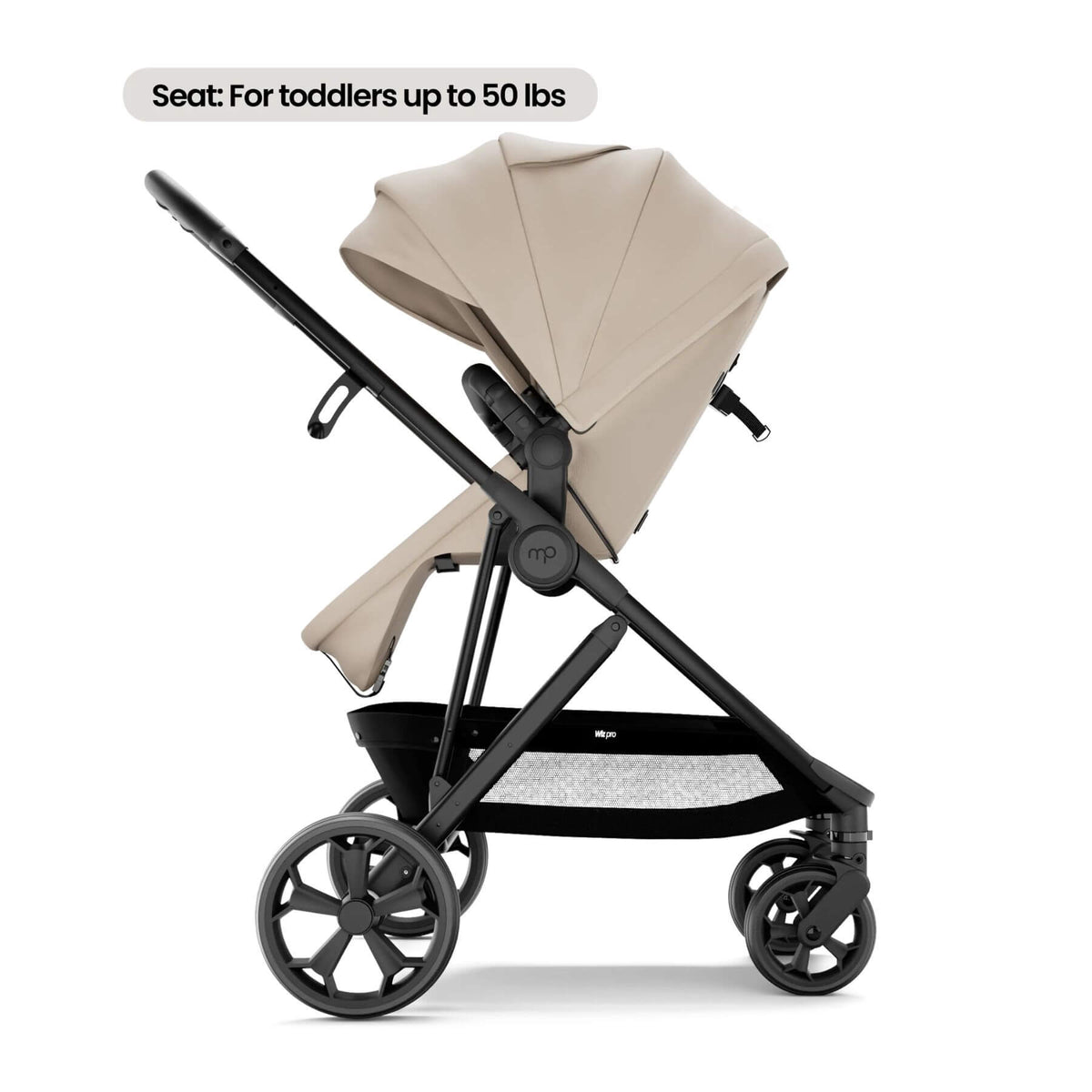 Mompush Wiz Pro - Khaki, with a text label at the top reading 'Seat: For toddlers up to 50 lbs'. The seat fabric is a warm light beige/tan, while the frame and wheels are black.