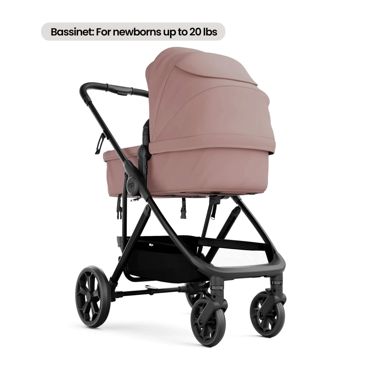 A stroller bassinet attachment in pink fabric mounted on a black stroller frame, shown on a white background with a text label at the top reading 'Bassinet: For newborns up to 20 lbs'.