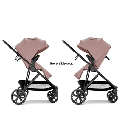 Two views of Mompush Wiz Pro - Pink, with the text 'Reversible seat' between the two strollers.