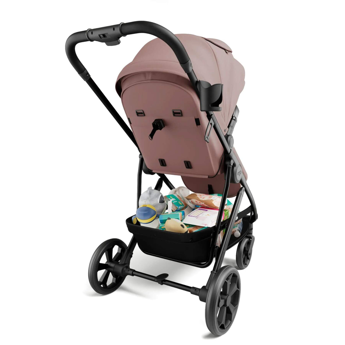 Mompush Wiz Pro - Pink, shown from a three-quarters angle on a white background. The stroller canopy is open, and the basket underneath is filled with baby items.