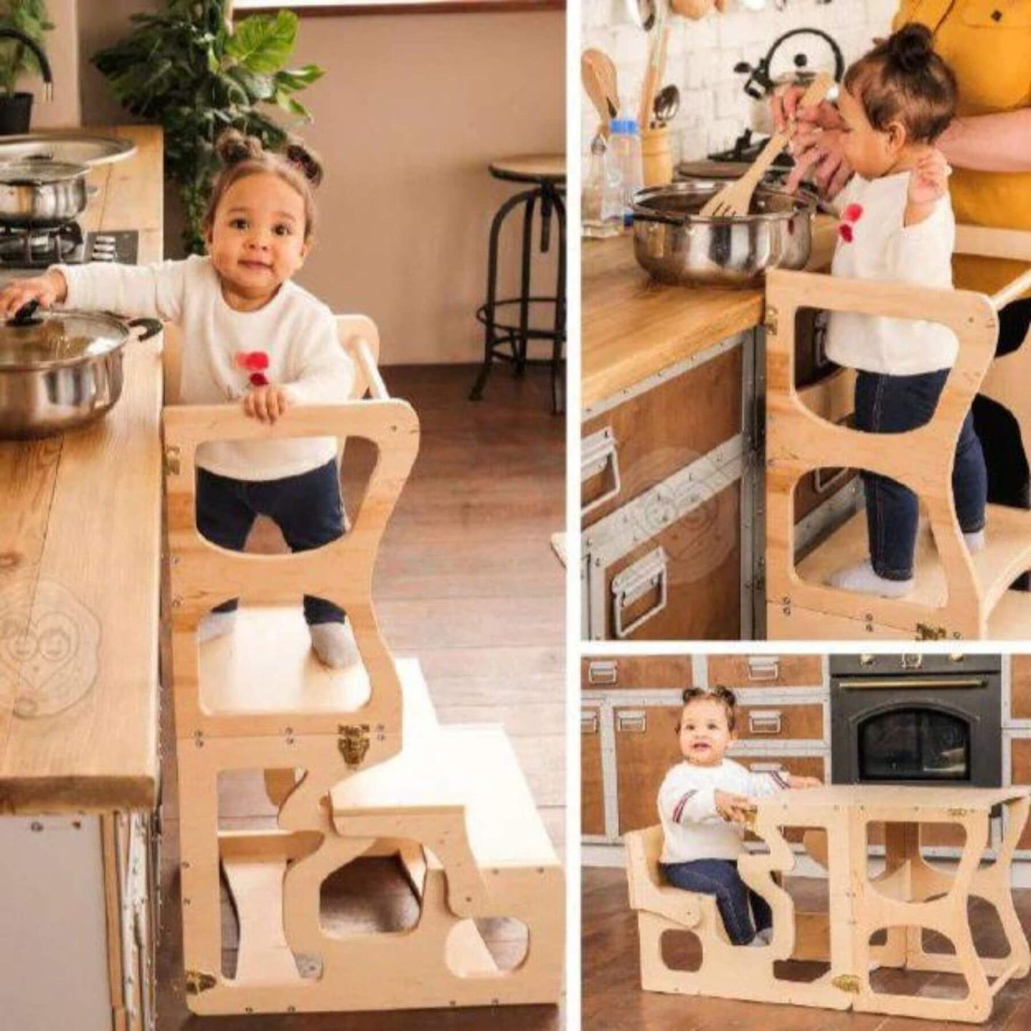 Girl Using Woodandhearts Transformable Step Stool for Kids