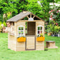 Girl Playing inside of Outsunny Wooden Kids Playhouse Natural Wood