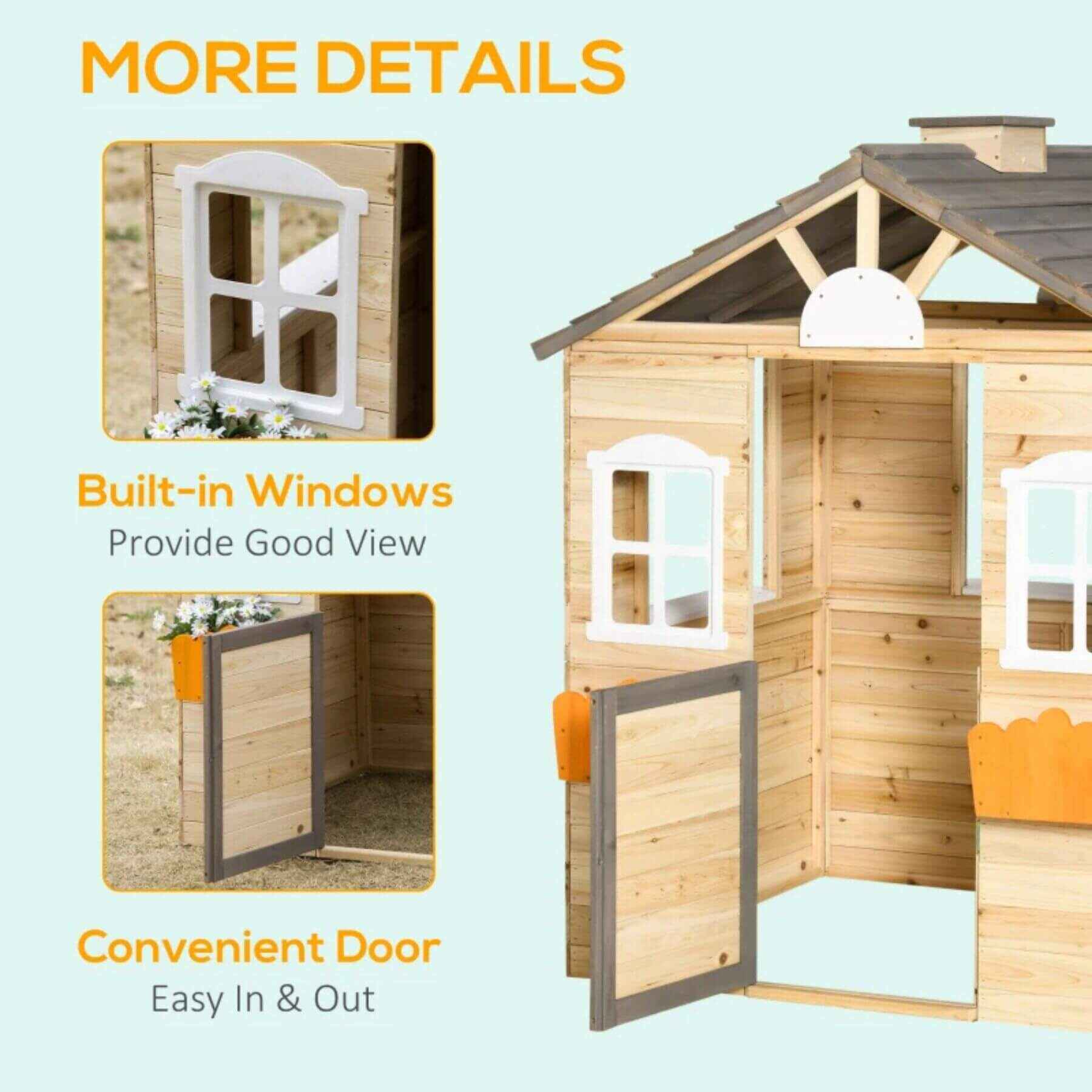 Details of Outsunny Wooden Kids Playhouse Natural Wood