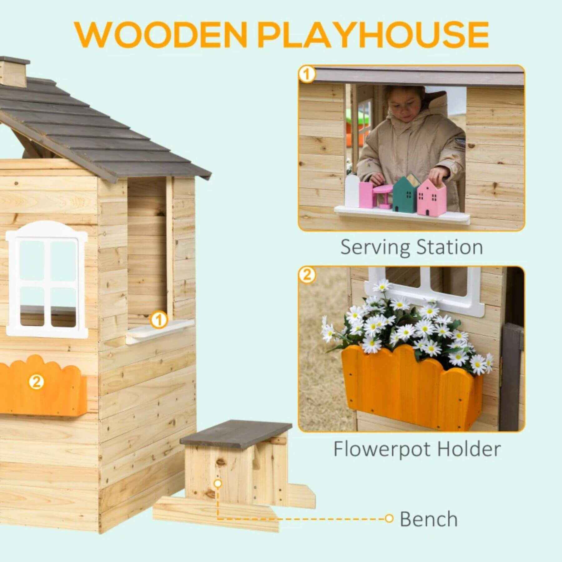 Details of Outsunny Wooden Kids Playhouse Natural Wood