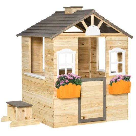 Outsunny Wooden Kids Playhouse Natural Wood