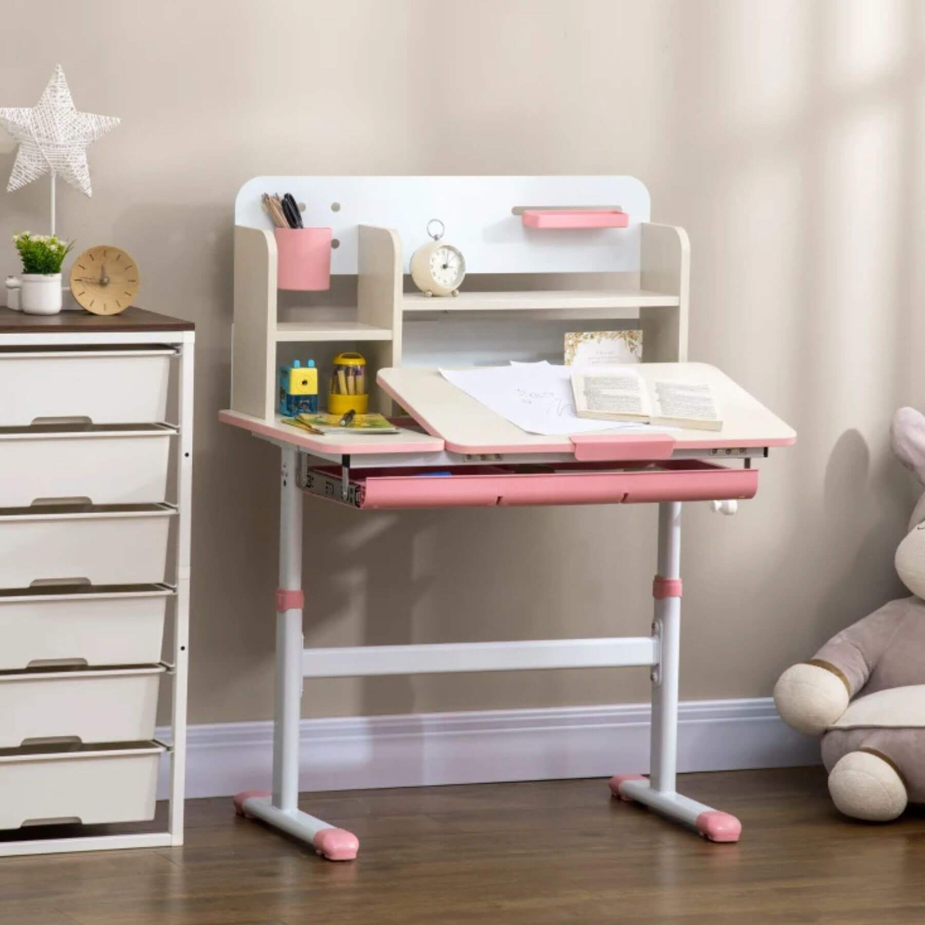 Qaba Wooden Kids Study Desk with Tilt Desktop Pink