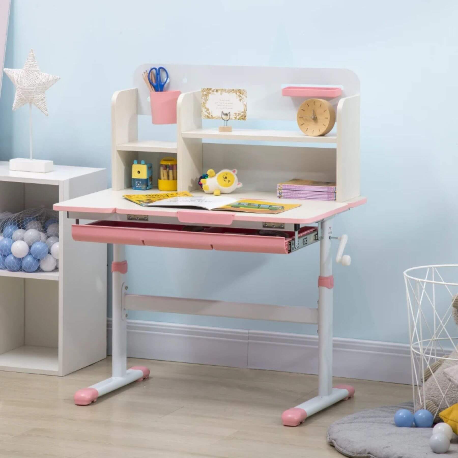 Qaba Wooden Kids Study Desk with Tilt Desktop Pink