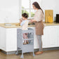 Kid Standing on Qaba Wooden Kitchen Step Stool Gray in Kitchen