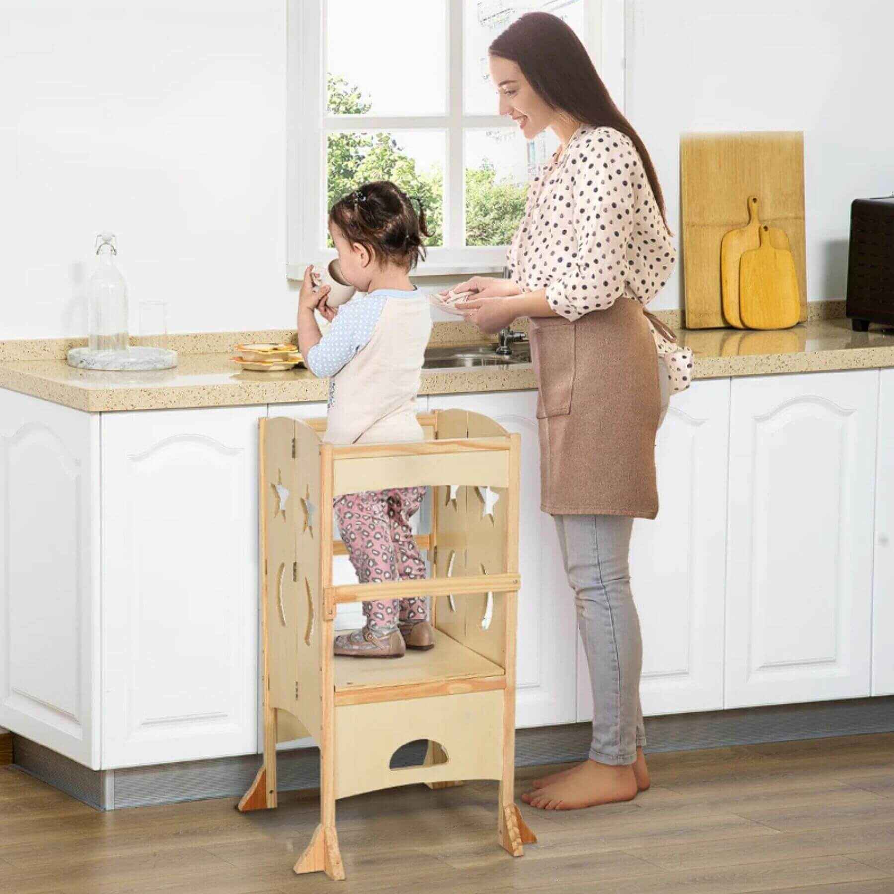 Kid Standing on Qaba Wooden Kitchen Step Stool Natural Wood in Kitchen