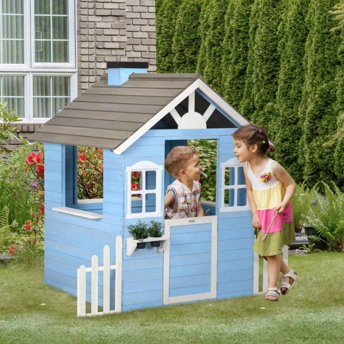 Kids Playing Outsunny Wooden Playhouse for Kids Blue