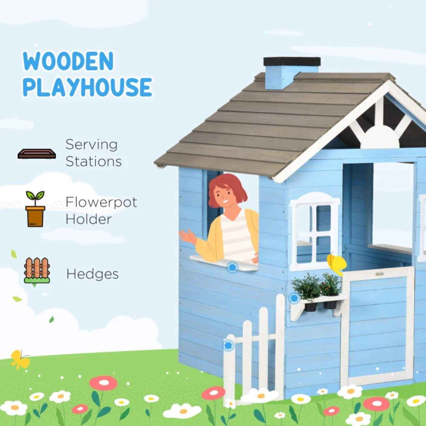 Outsunny Wooden Playhouse for Kids Blue