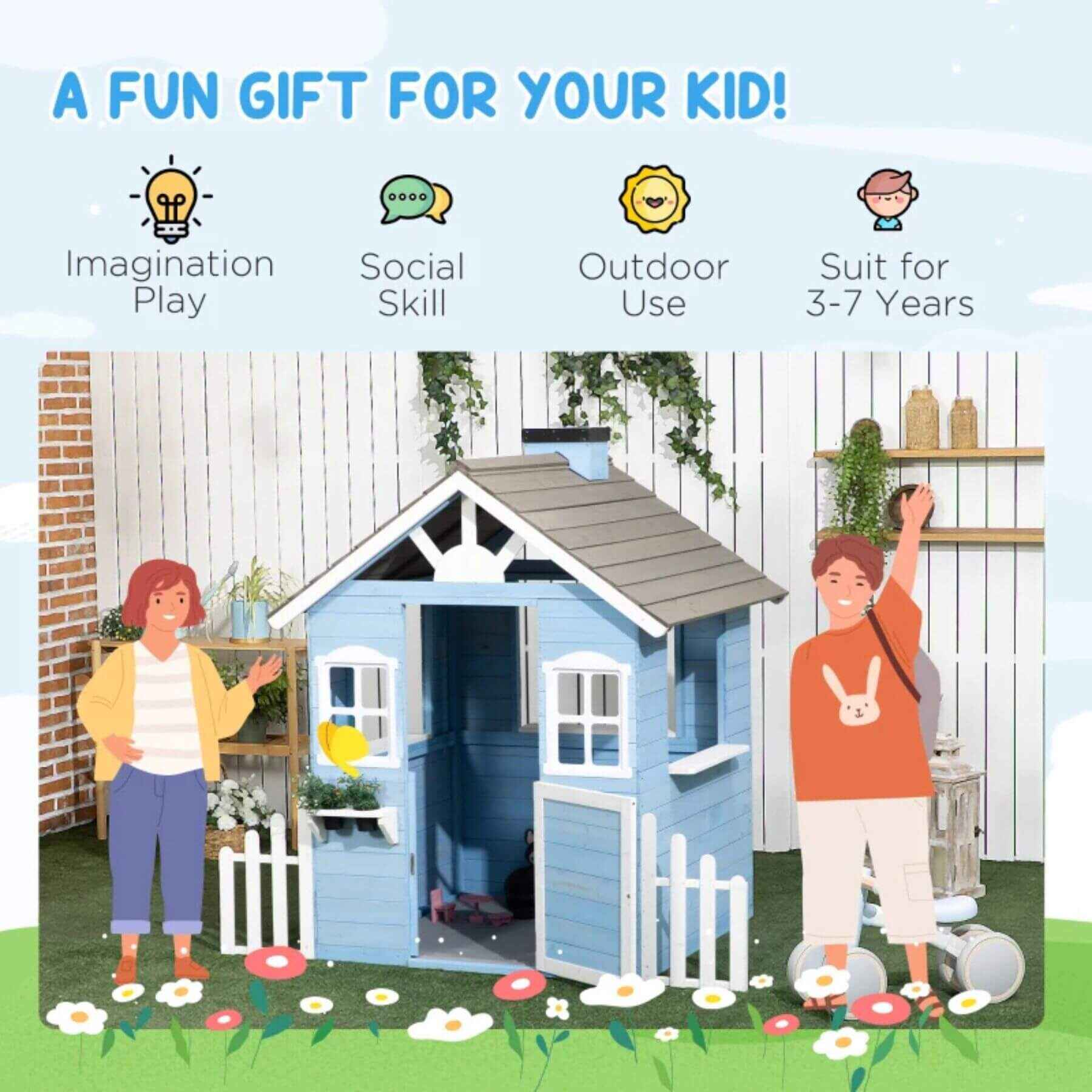 Outsunny Wooden Playhouse for Kids Blue