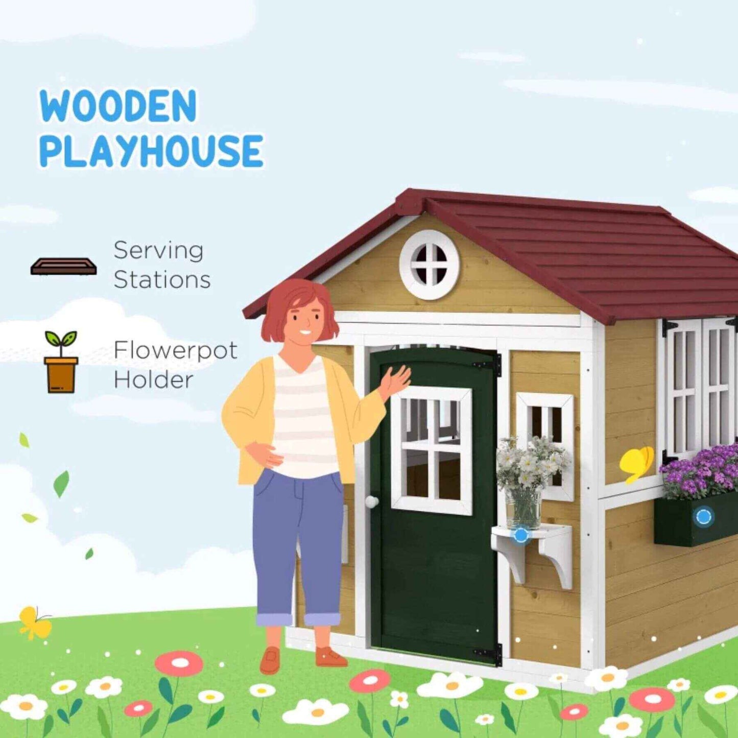 Outsunny Wooden Playhouse for Kids Beige