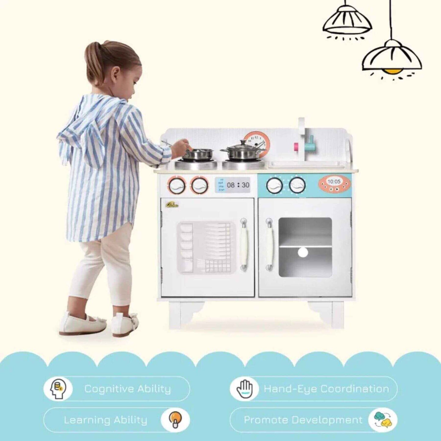 Girl Playing w/ Qaba Wooden Pretend Play Kitchen White