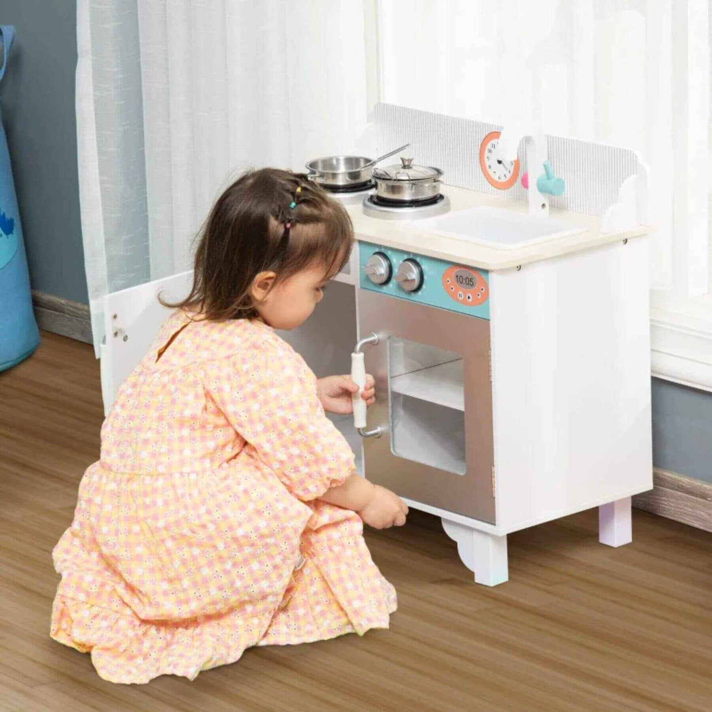 Girl Playing w/ Qaba Wooden Pretend Play Kitchen White