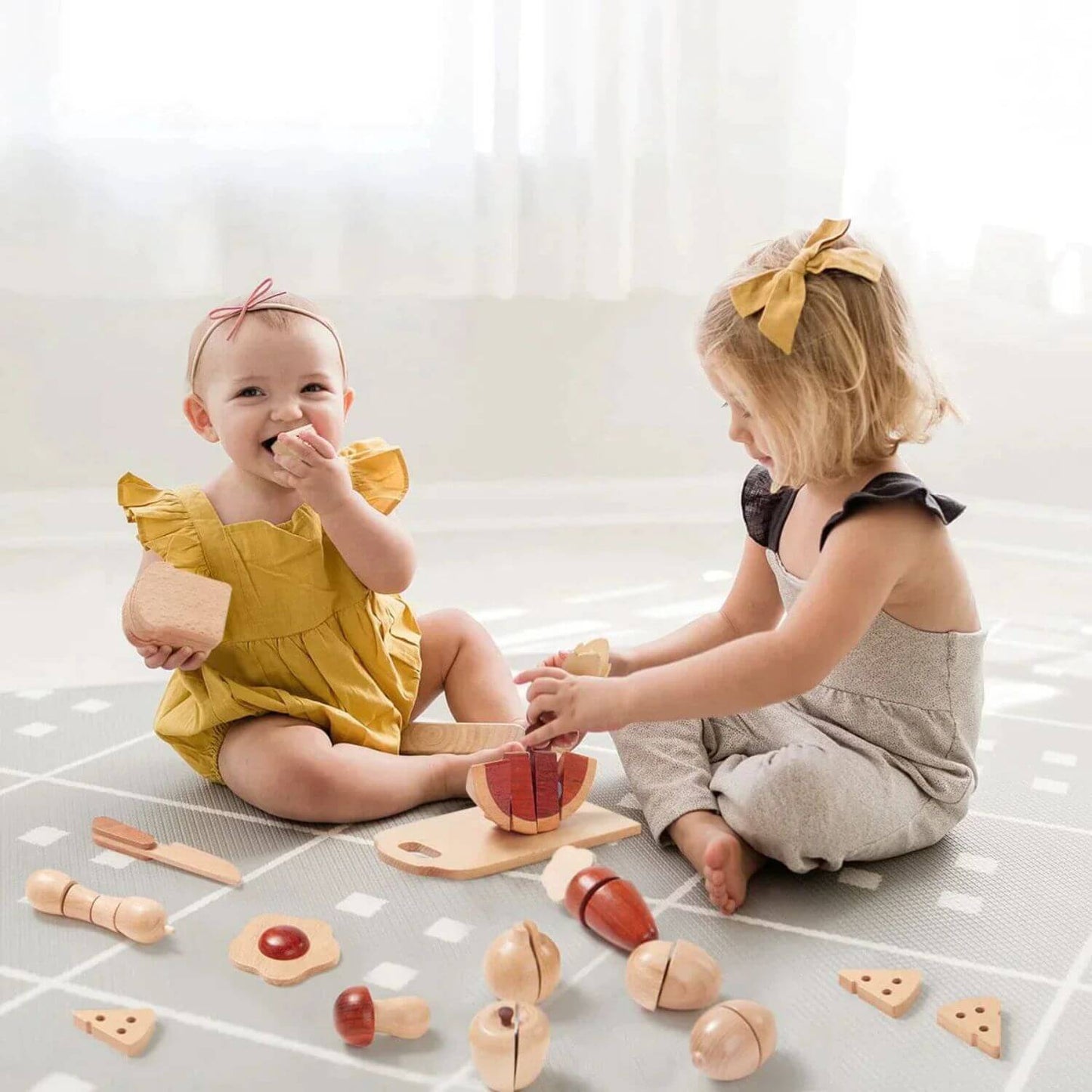 Kids Playing Tiny Land® Wooden Cut and Play Food Toys