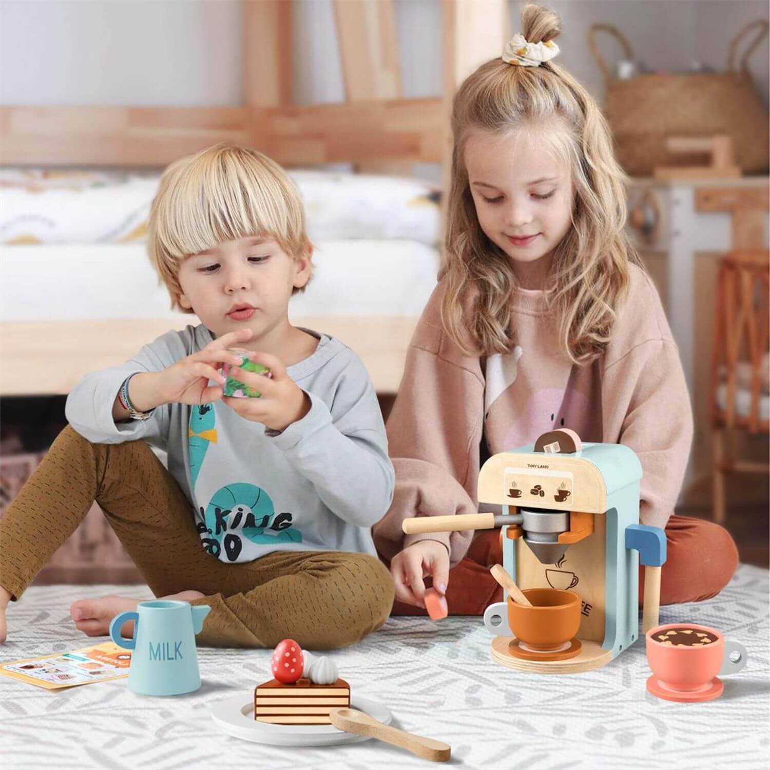 Kids Playing Tiny Land® Wooden Kids Play Coffee Maker Set