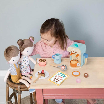 Girl Playing Tiny Land® Wooden Kids Play Coffee Maker Set