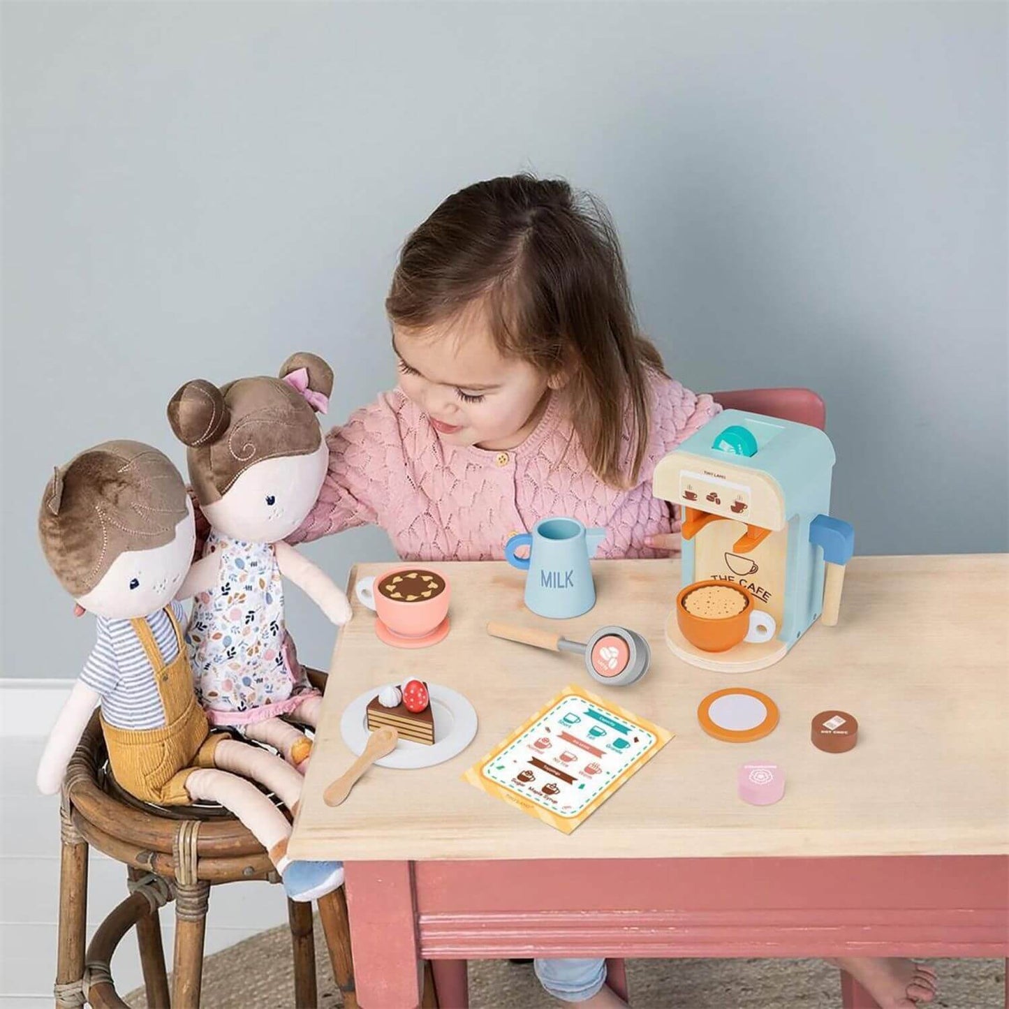 Girl Playing Tiny Land® Wooden Kids Play Coffee Maker Set