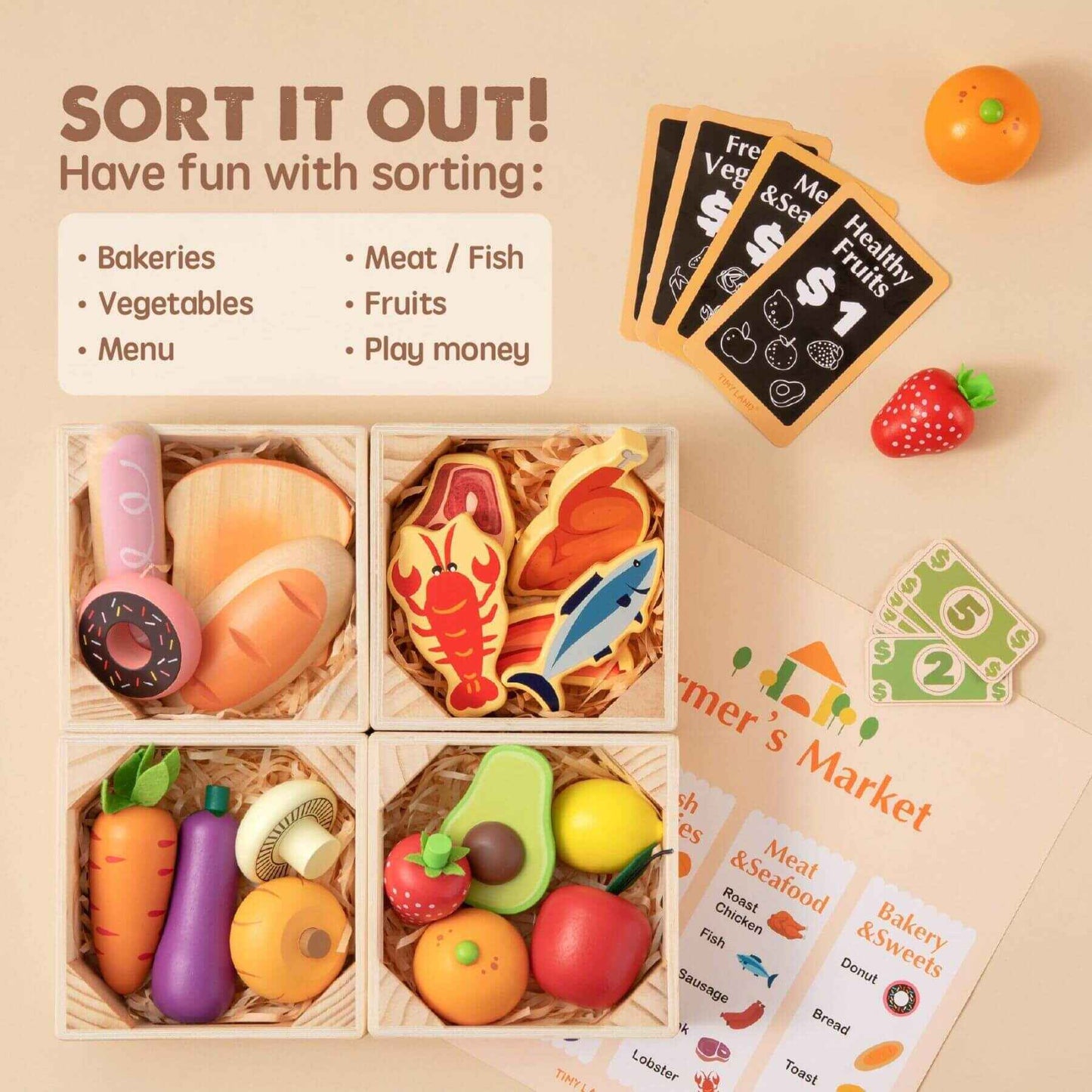 Educational sorting toy set with food-themed blocks and cards on a beige background