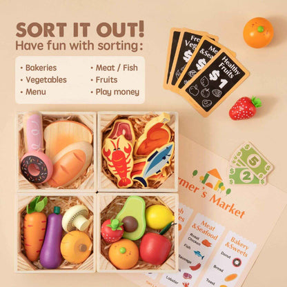 Educational sorting toy set with food-themed blocks and cards on a beige background