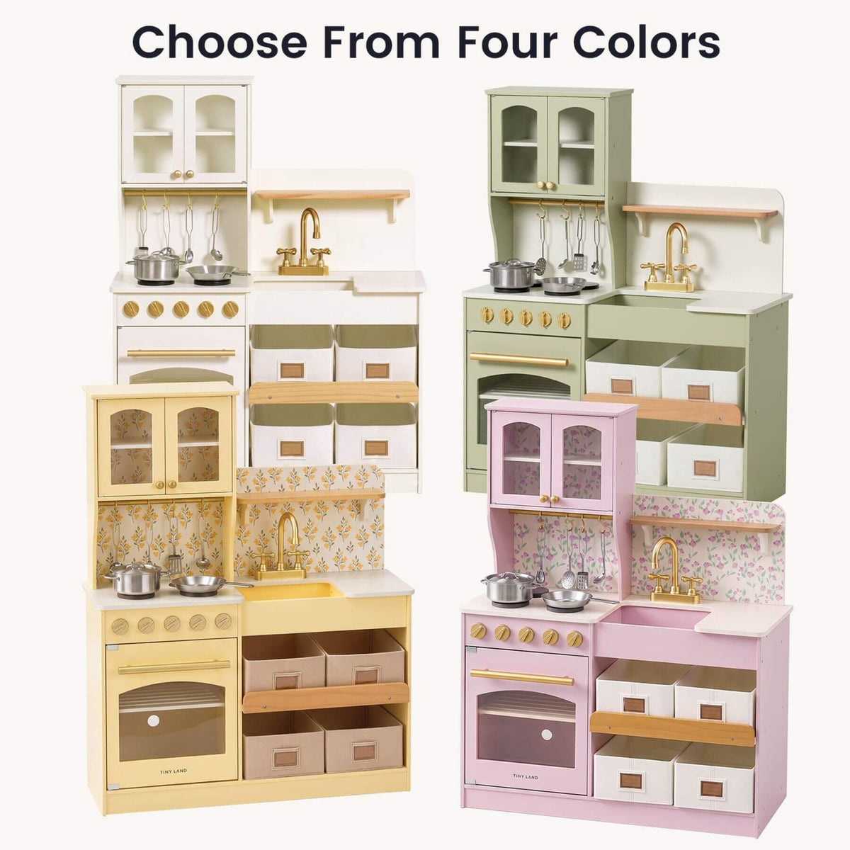 Four pastel wooden play kitchen sets shown on a light gray background under the text 'Choose From Four Colors.'