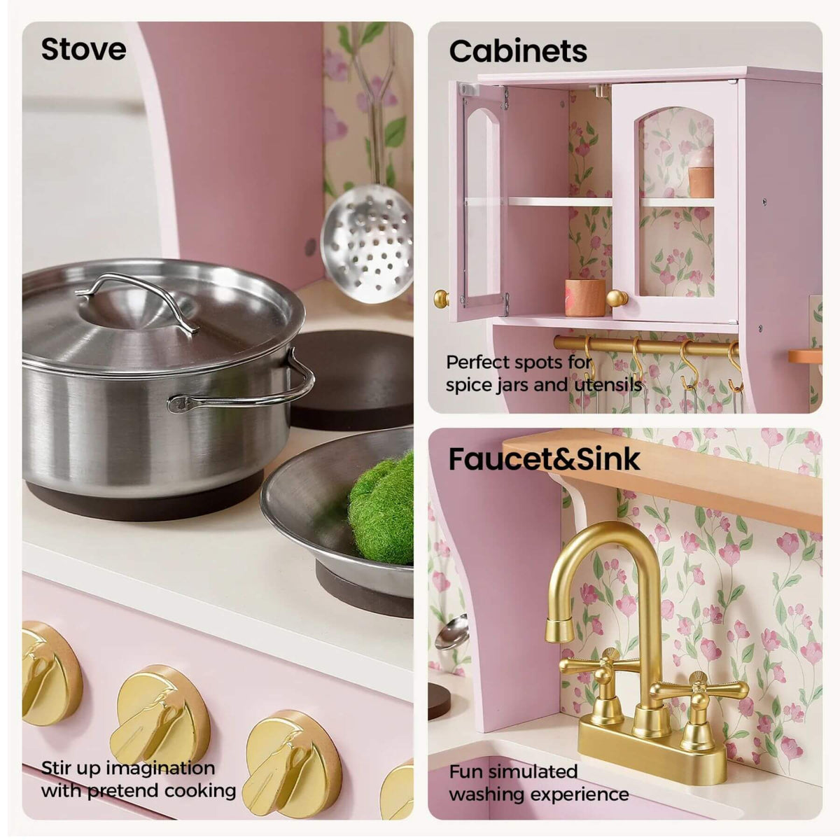 A 4-panel collage showcasing features of a pink toy kitchen set: a stove with a stainless steel pot, pink cabinets with floral wallpaper, a gold faucet and sink, and pink control knobs.